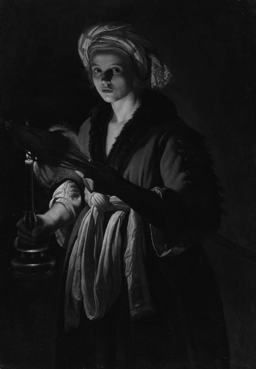 A young woman holding a distaff before a lit candle Adam de Coster